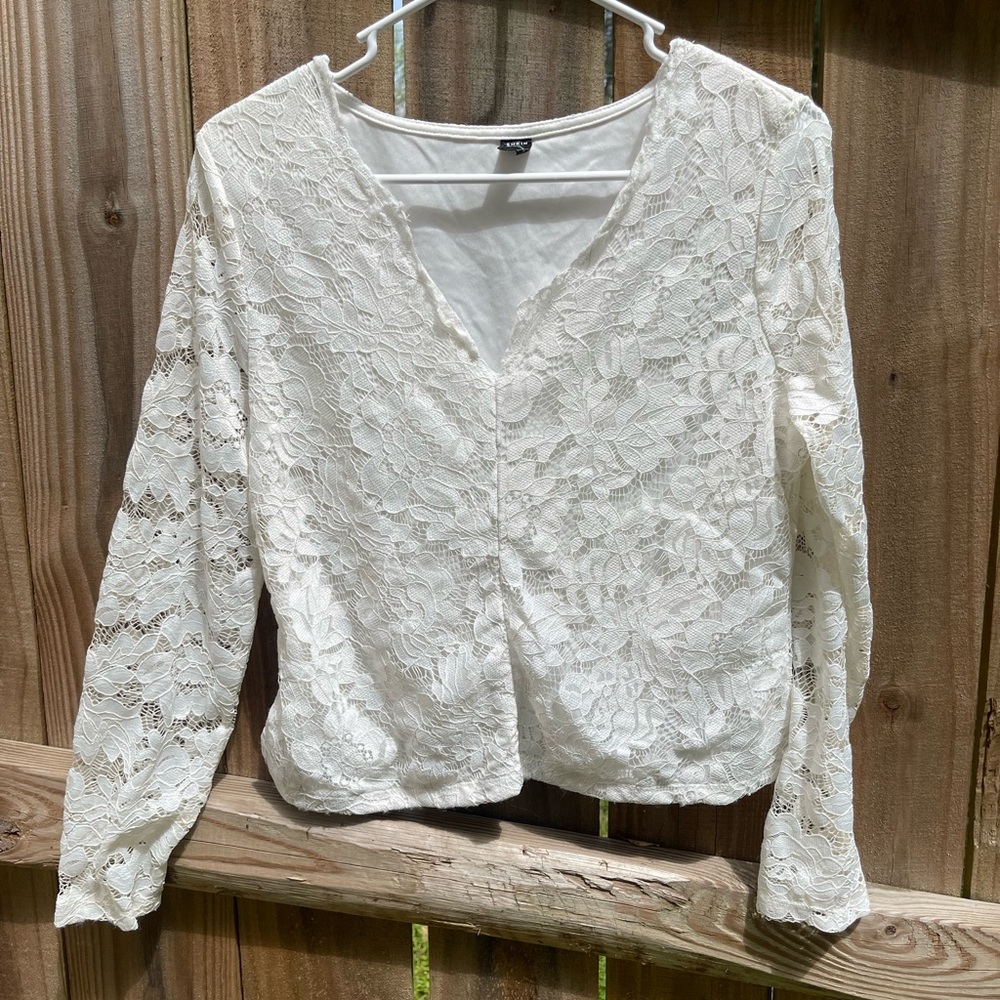 White Lace SHEIN V Neck Blouse
